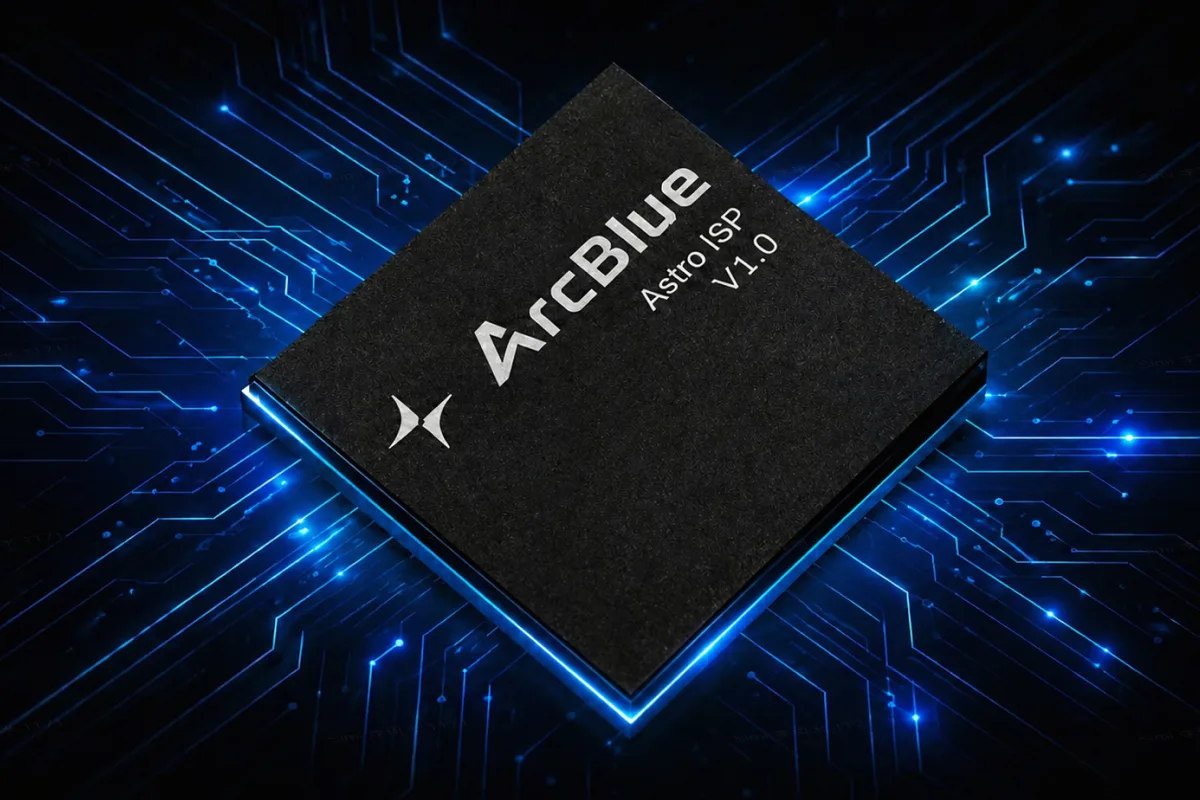 ArcBlue Astro ISP processor chip on a blue circuit board background