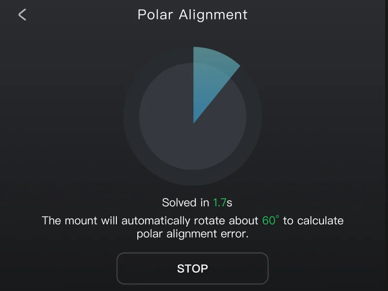 ArcBlue app polar alignment screen showing automatic alignment progress