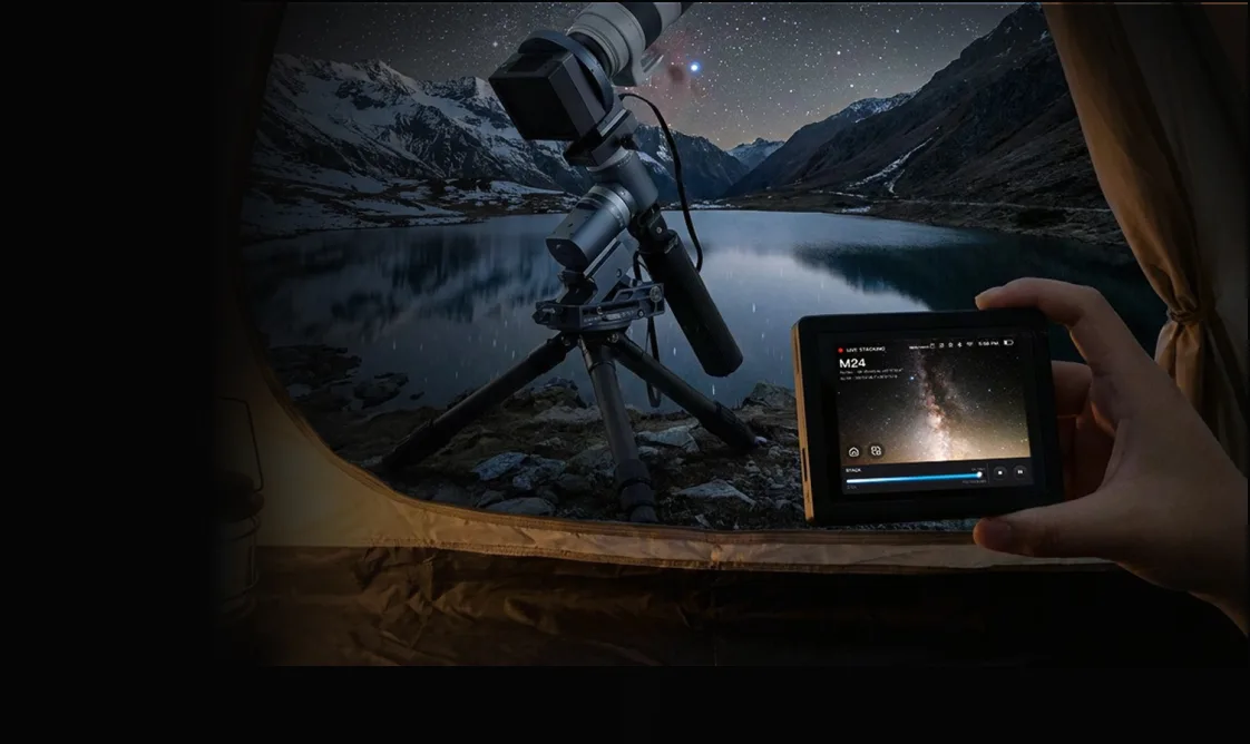 Remote touchscreen monitoring ArcBlue C42 beside a mountain lake at night