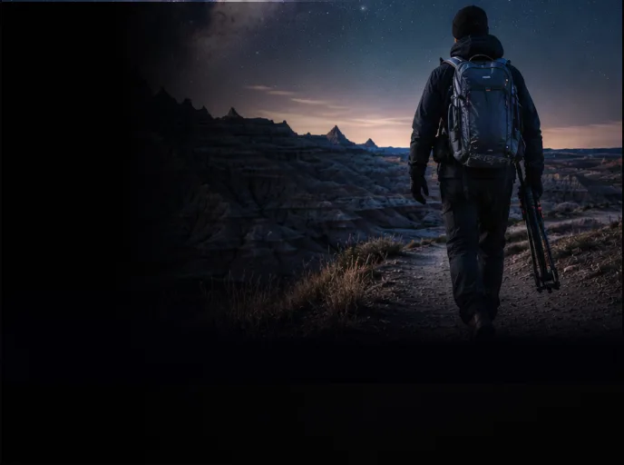 Backpacker under the Milky Way in a remote landscape