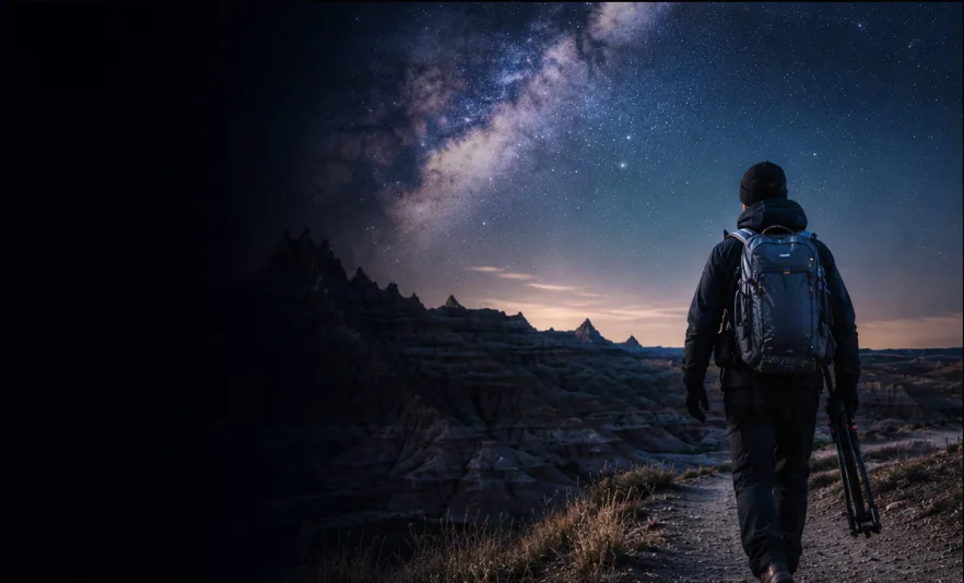 Backpacker under the Milky Way in a remote landscape