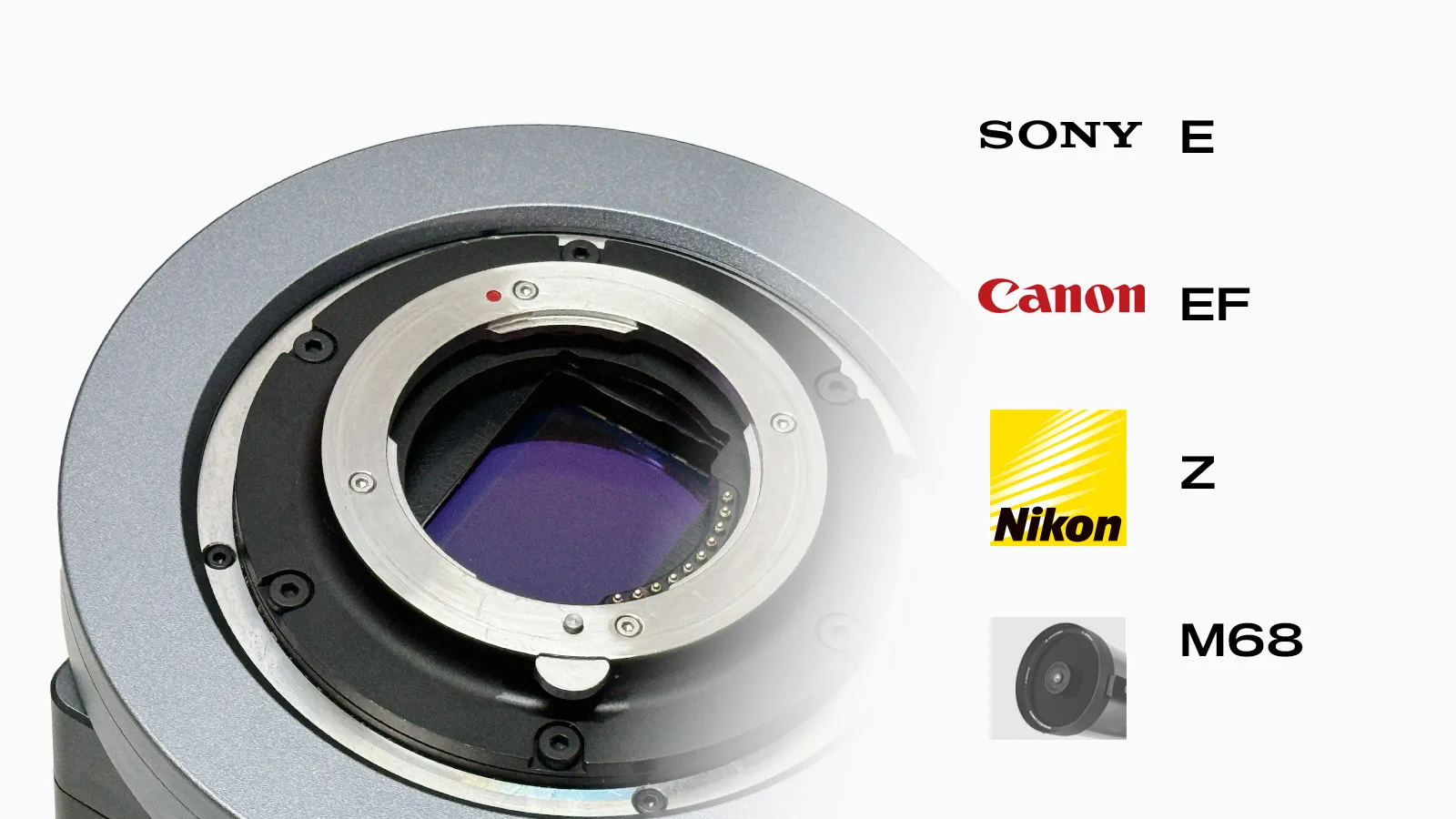C42 camera mount alongside Sony E, Canon EF, Nikon Z, and M68 interface options.