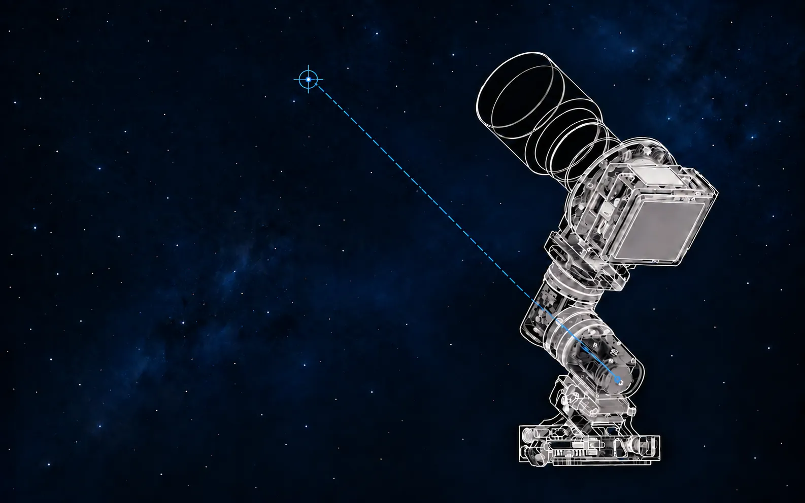 C42 camera and equatorial mount wireframe with the RA axis centerline extended toward the NCP against a dark starry sky.