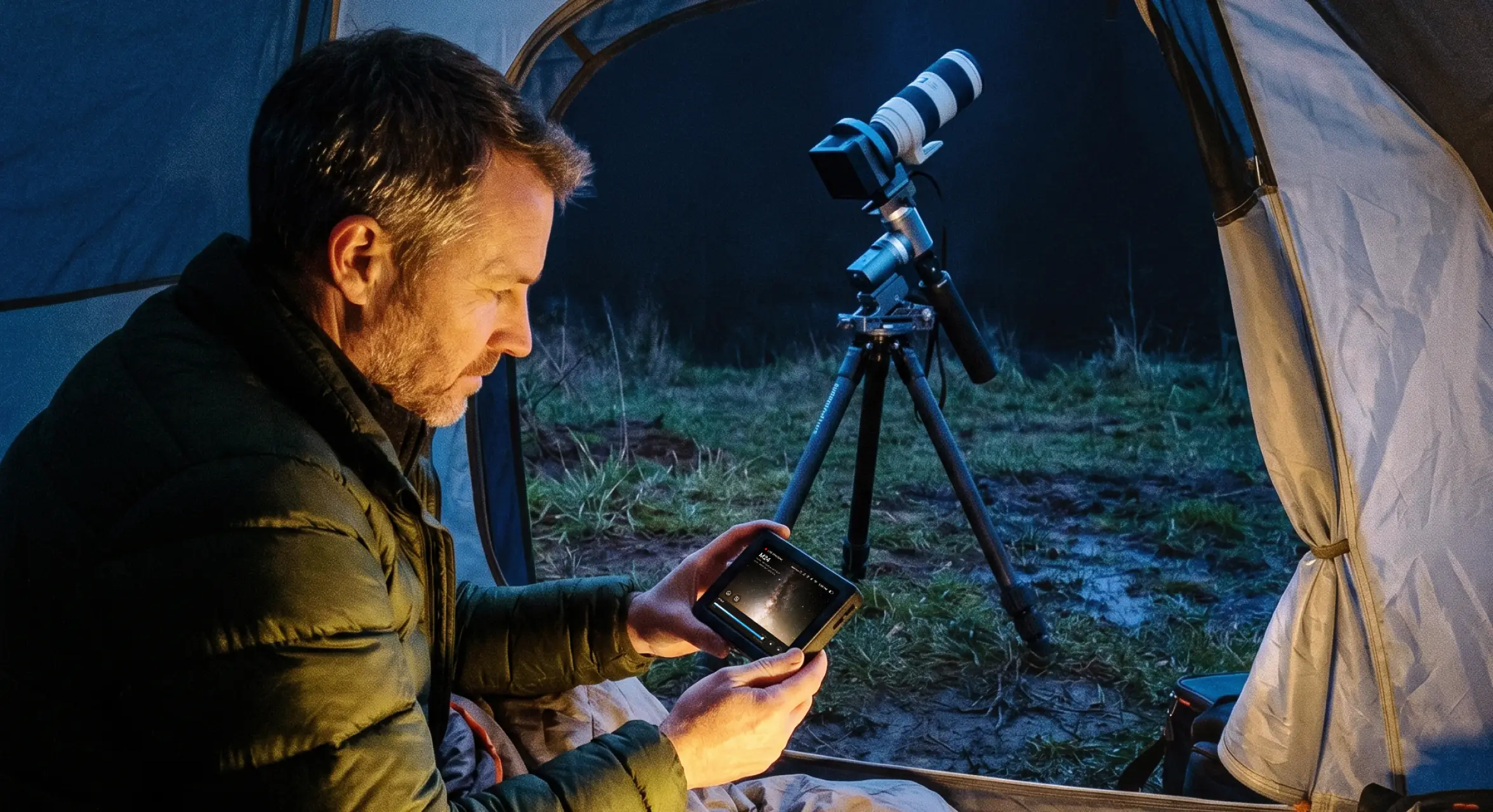 Astronomer monitoring a deep-sky imaging rig from a tent