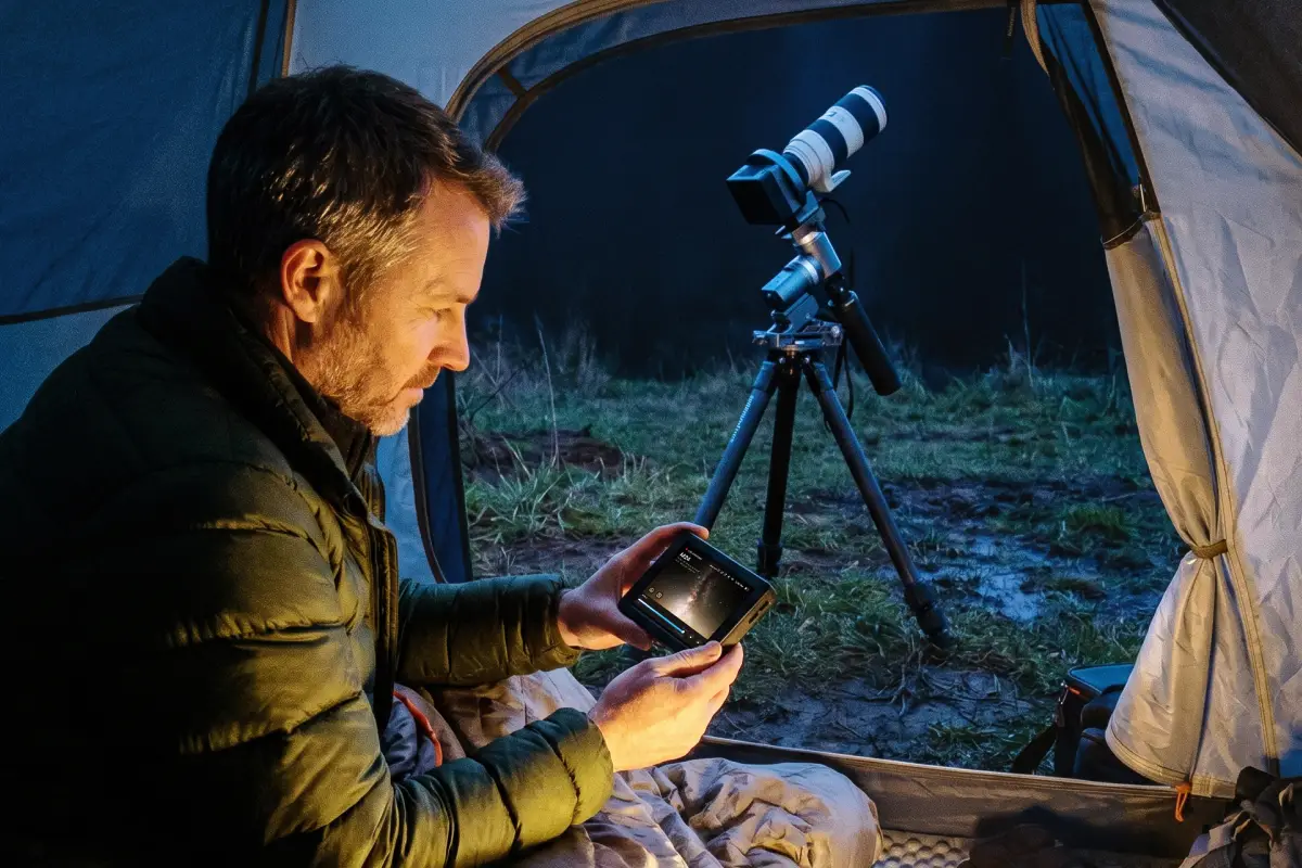 Astronomer monitoring a deep-sky imaging rig from a tent