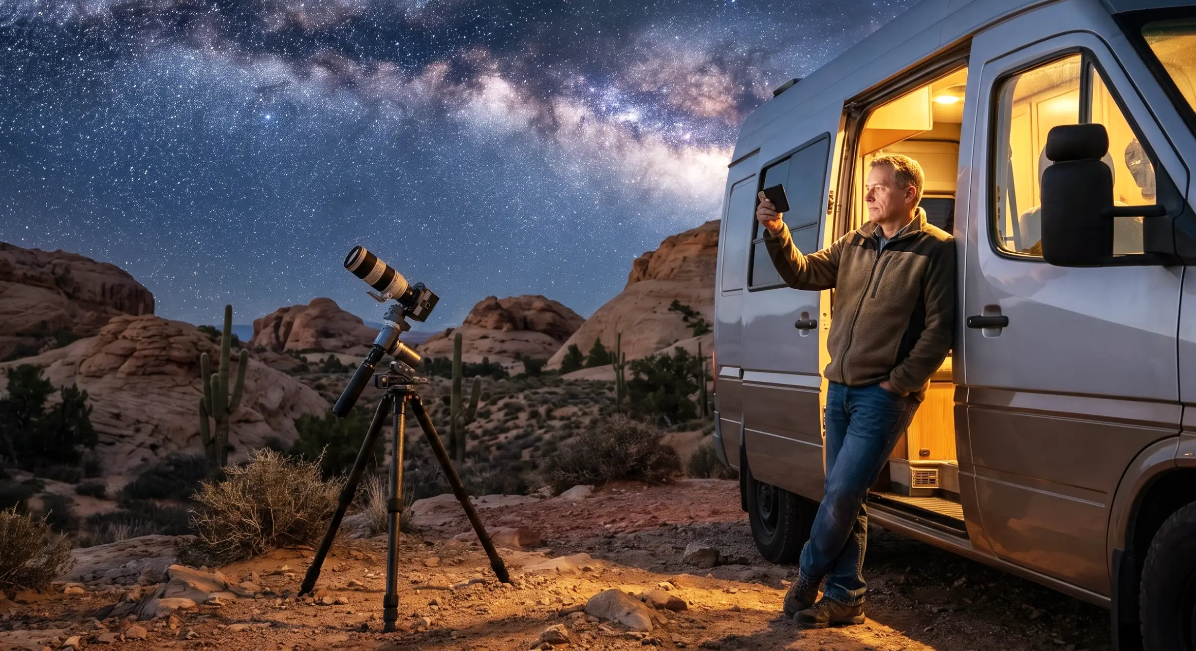 Photographer adjusting a compact astrophotography rig at twilight
