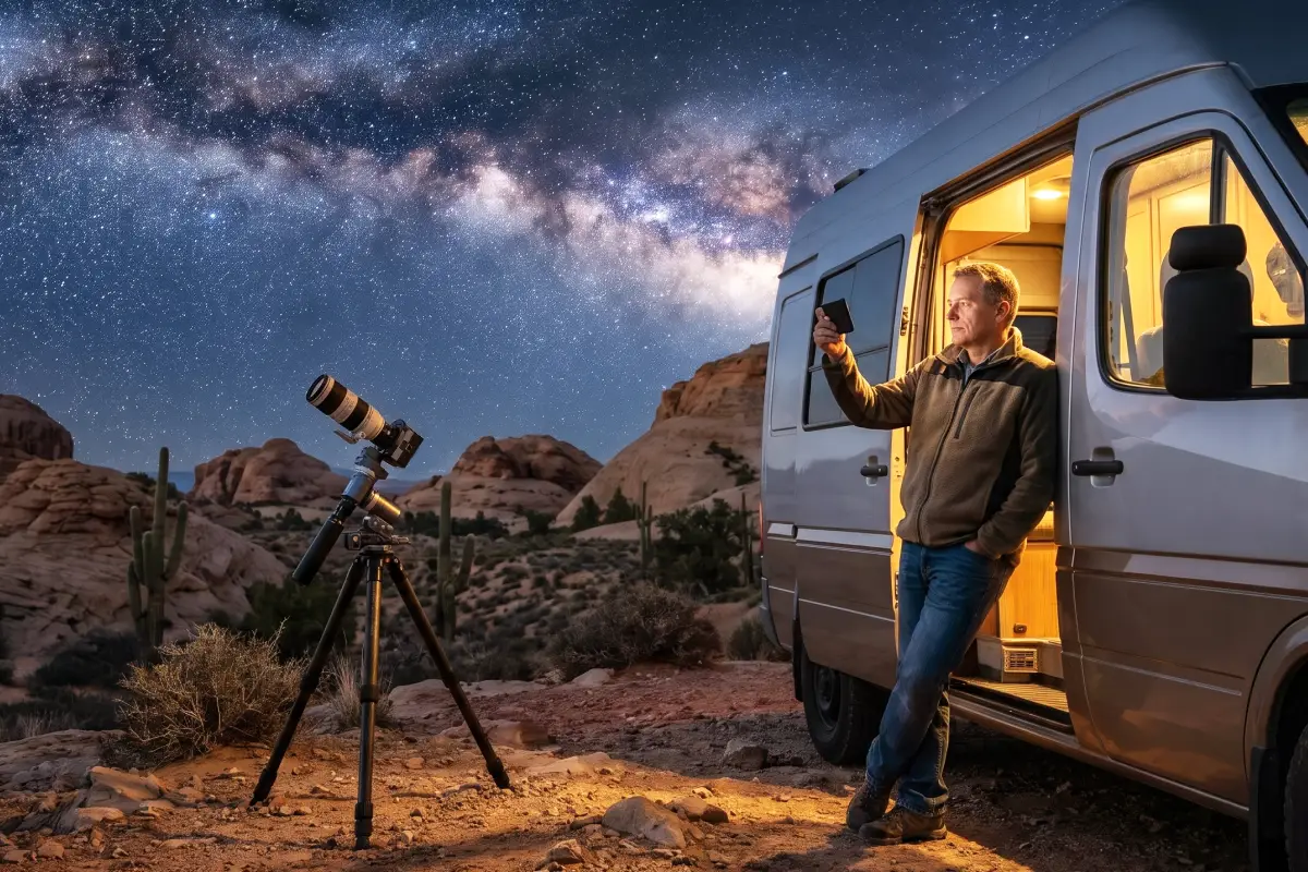 Photographer adjusting a compact astrophotography rig at twilight