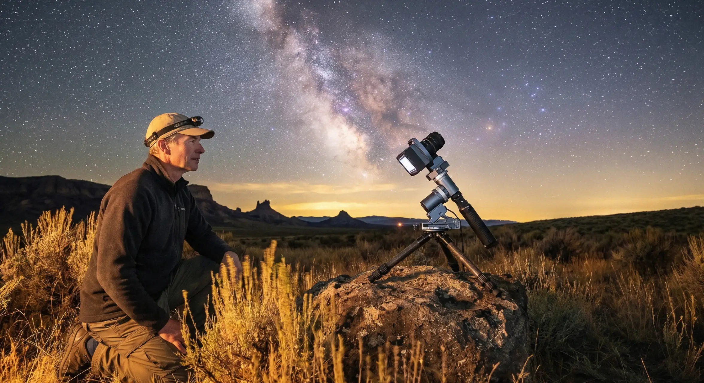 Photographer using a compact astrophotography system under the Milky Way