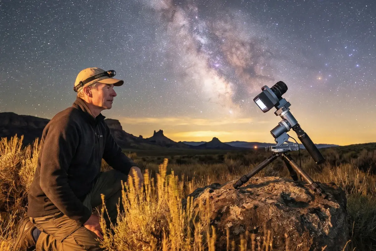 Photographer using a compact astrophotography system under the Milky Way