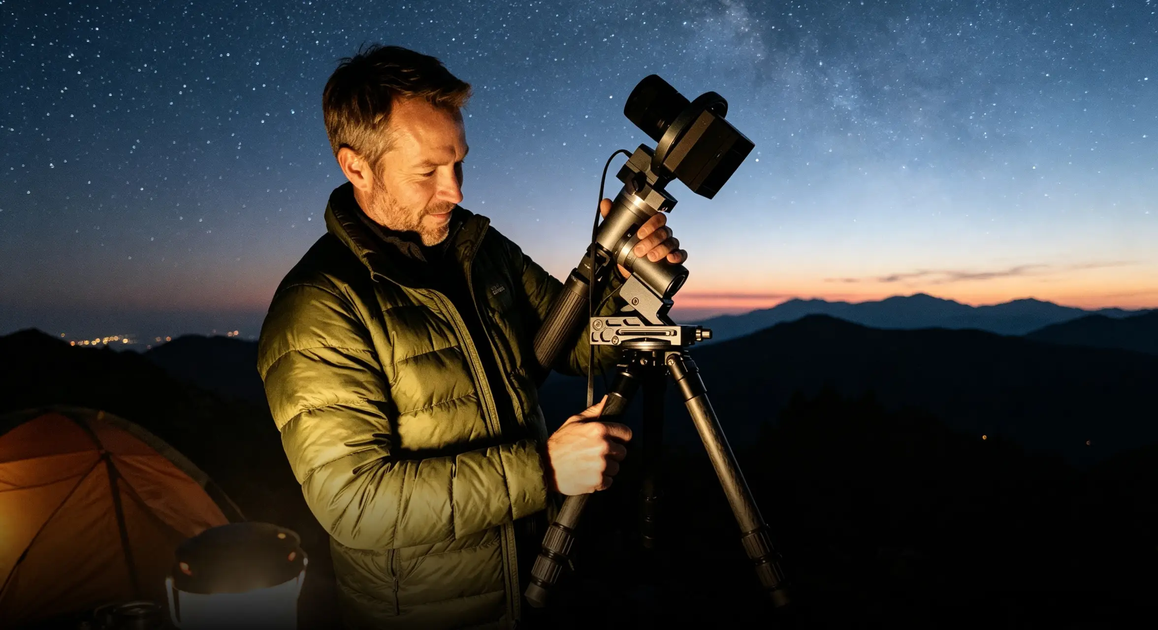 Astronomer setting up a compact deep-sky imaging system at dusk