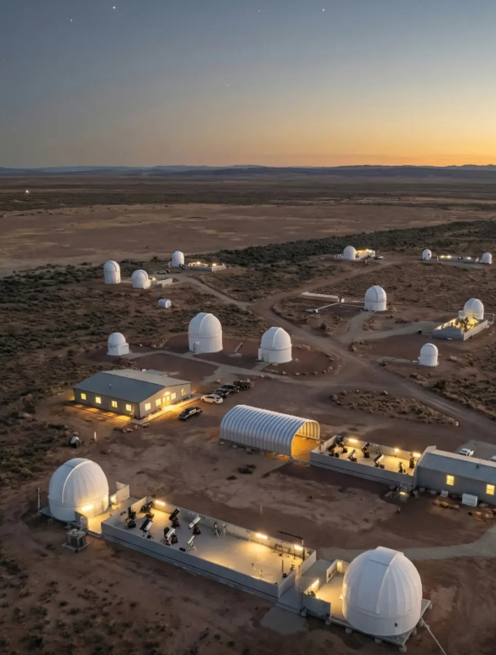 Remote observatory site with domes at dusk