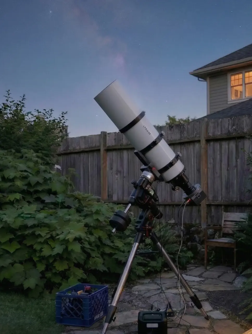 Backyard telescope setup under a suburban night sky