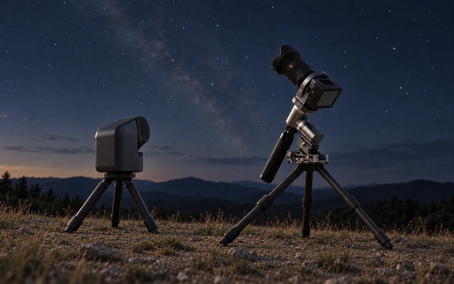 A smart telescope beside the ArcBlue C42 camera and mount beneath the Milky Way.