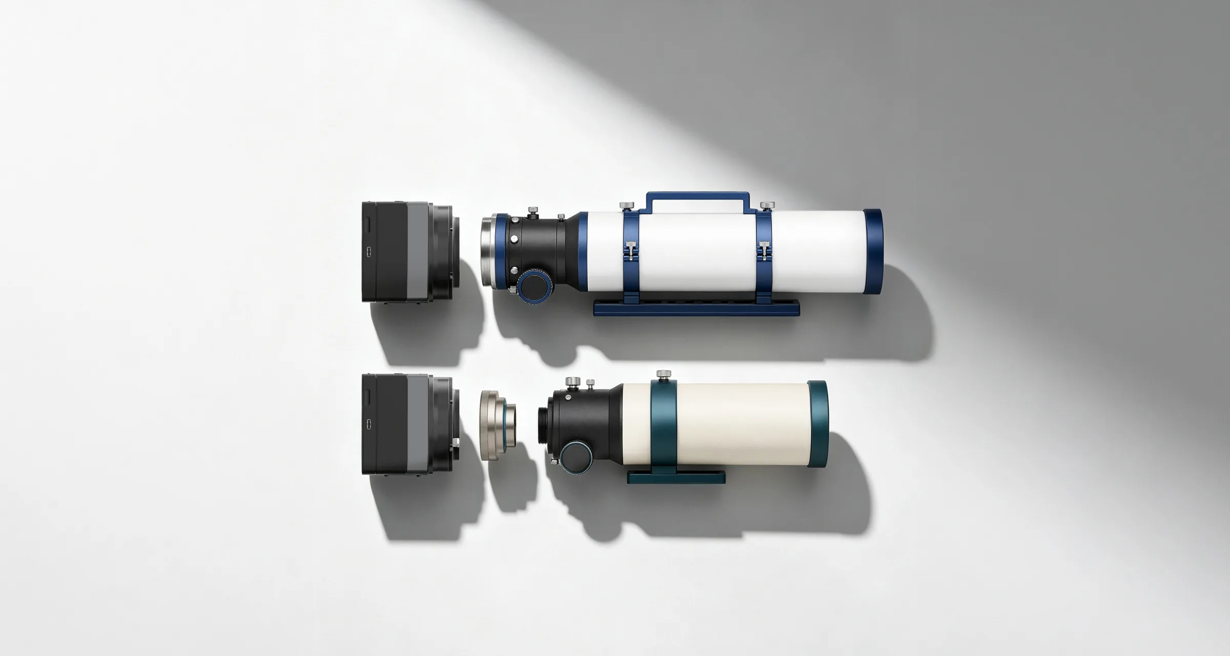 ArcBlue C42 camera body aligned with two telescope connection setups