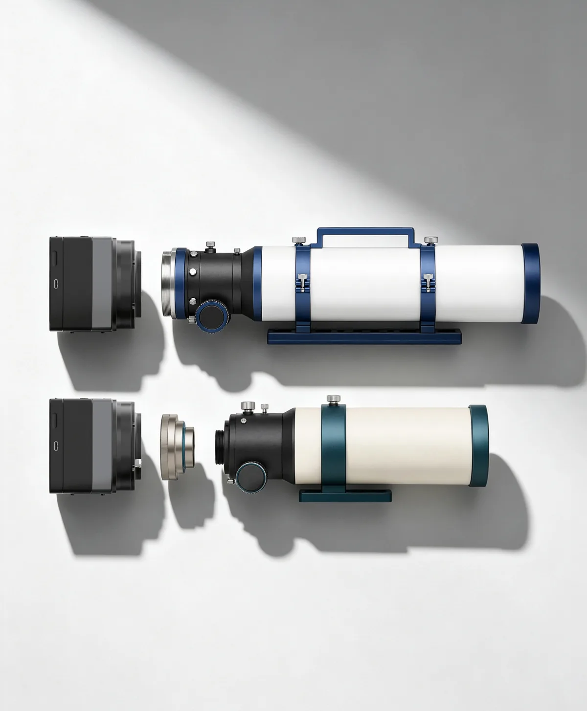 ArcBlue C42 camera body aligned with two telescope connection setups